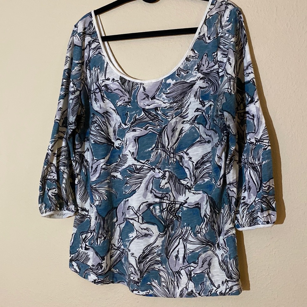 Anthropologie 100% cotton size large quarter sleeve horse print top